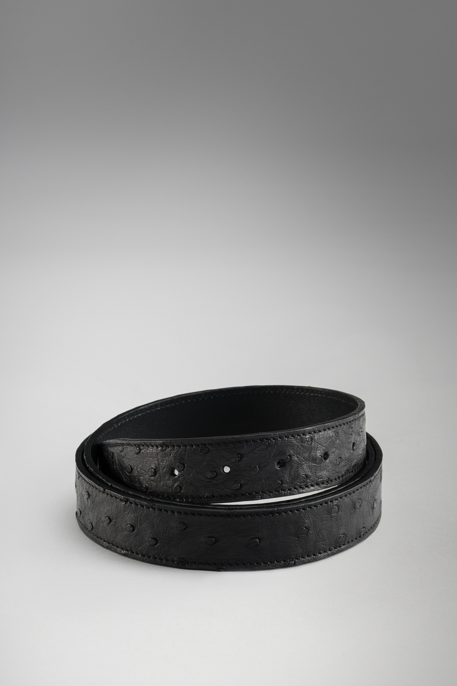 Coiled black textured leather strap with stitched edges and punched holes, on a grey gradient background